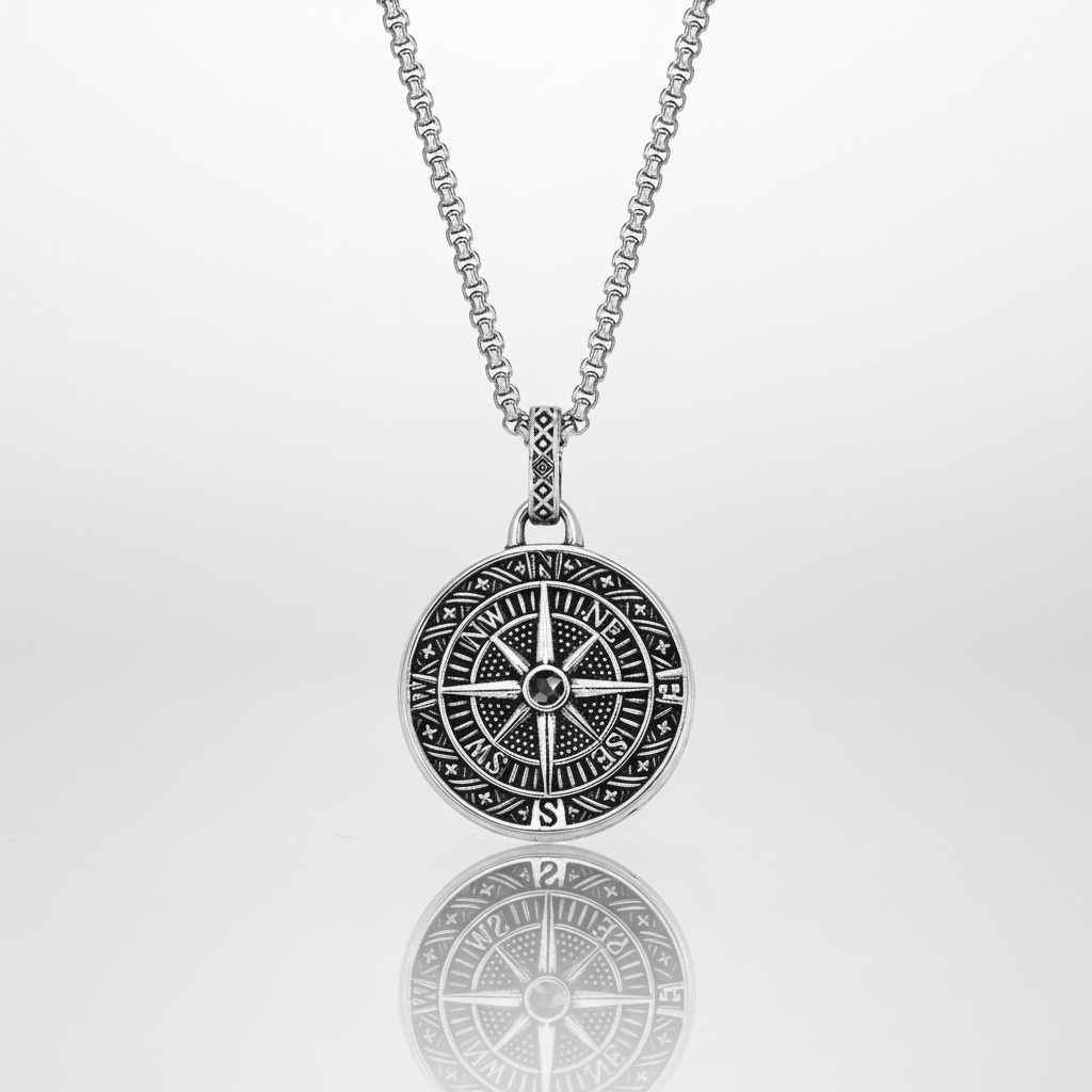Collier Boussole â Pendentif Rose des Vents en Acier Vintage