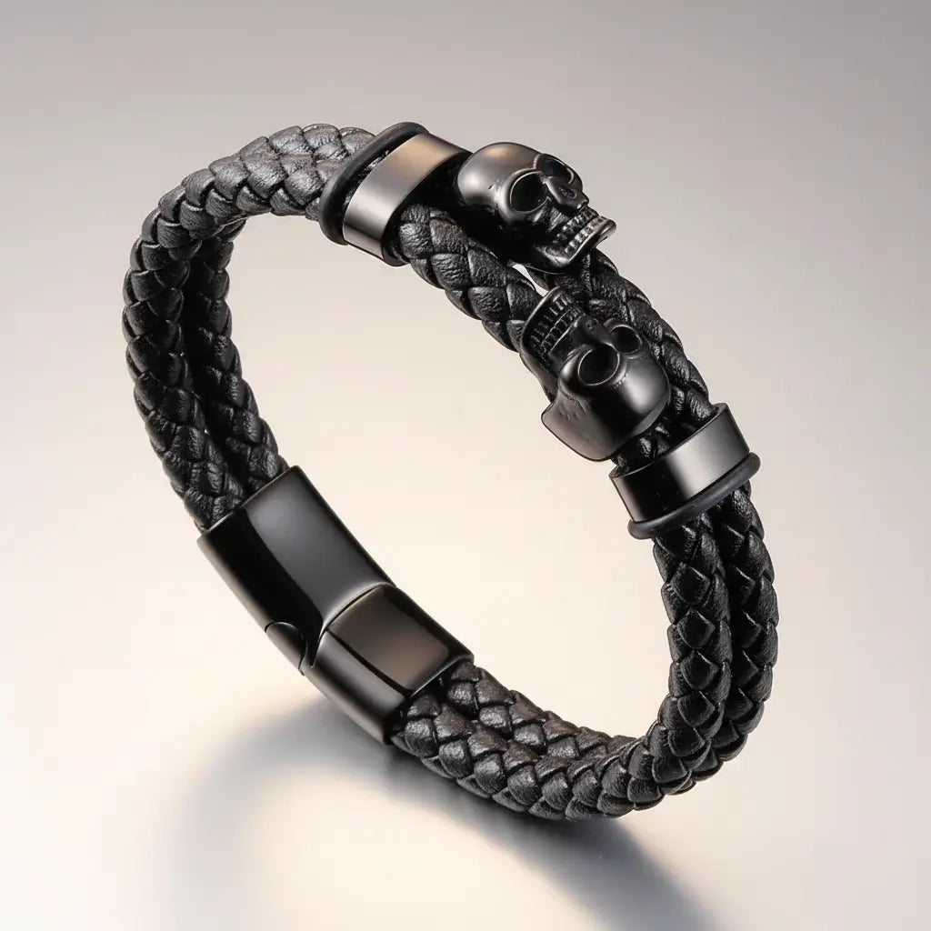 Bracelet Duel des Crânes d’Acier noir en cuir tressé et métal sombre.