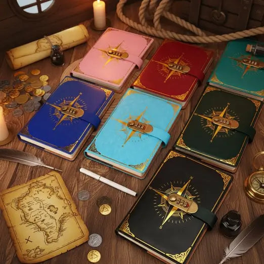 Ensemble de carnets pirates colorés avec cadenas à code, ambiance vintage avec carte au trésor et pièces d’or.