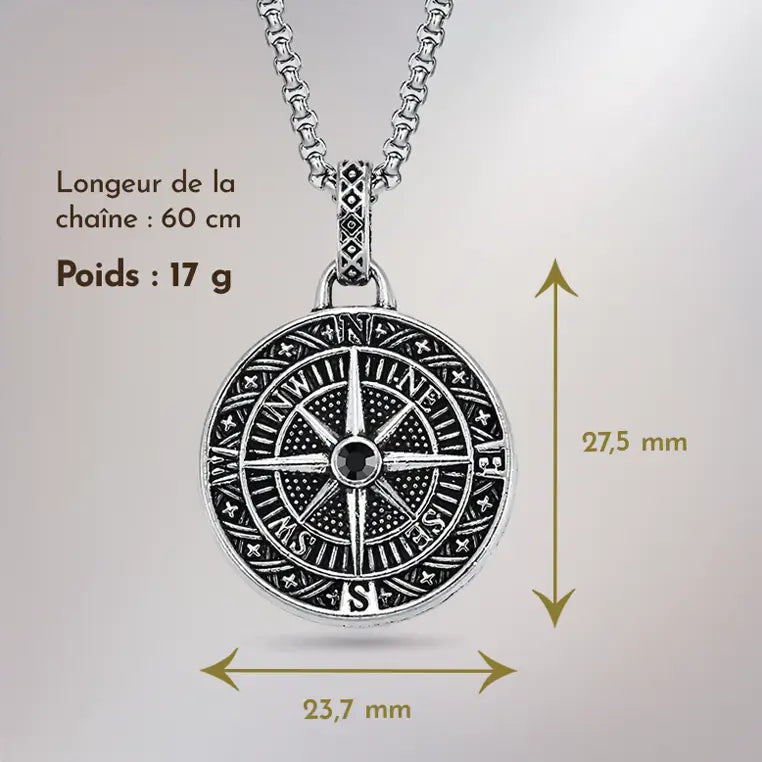 Collier Rose des Vents en acier inoxydable avec dimensions détaillées de la chaîne et du pendentif.
