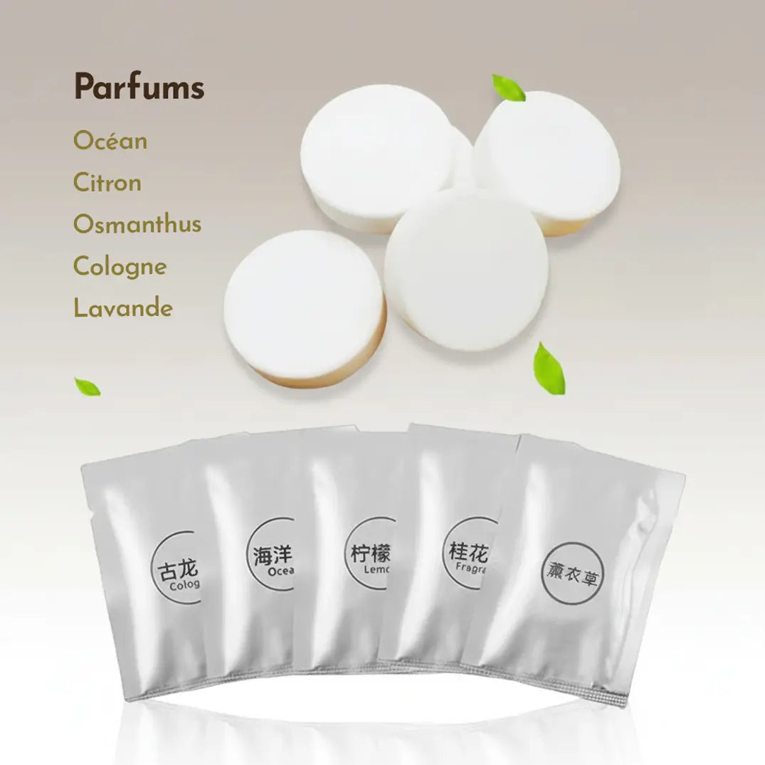 Focus sur les recharges de parfum pour désodorisant crâne de bord, senteurs : océan, citron, osmanthus, cologne et lavande.