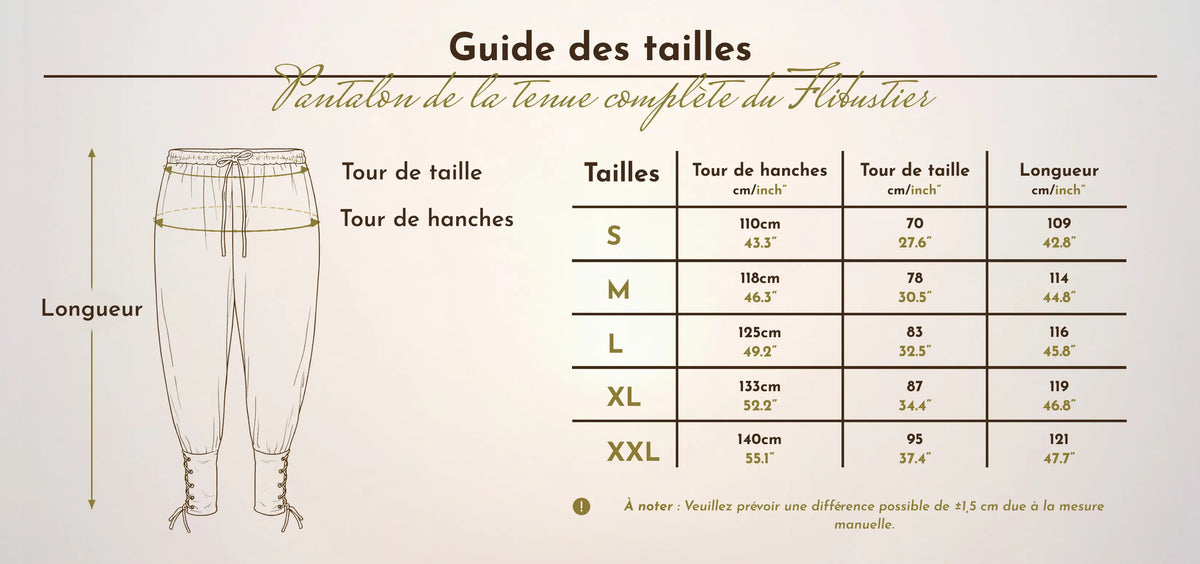Tableau et schéma du guide des tailles du pantalon de la tenue complète du flibustier allant de la taille S à la taille XXL.