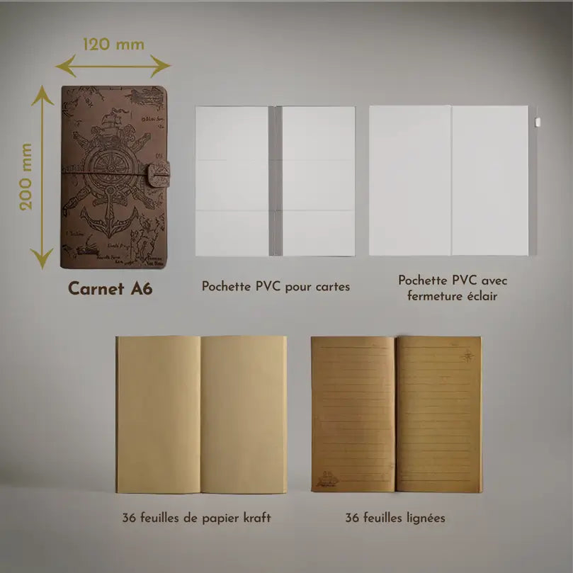 Journal de bord pirate en cuir brun café format A6, avec couvertures gravées et pages lignées rétro.