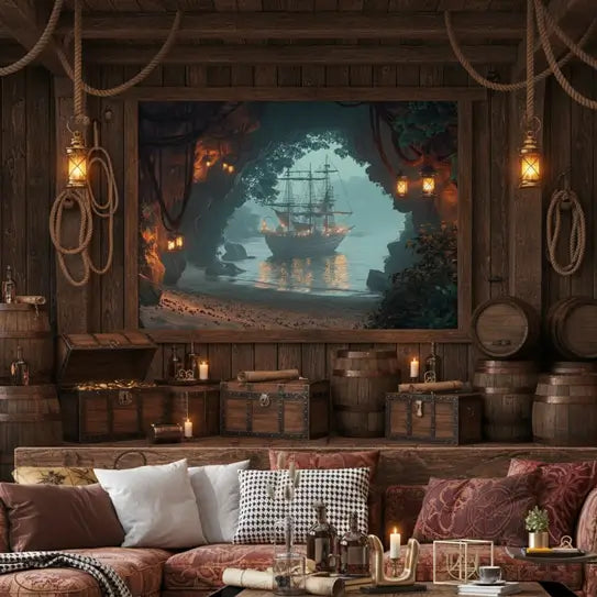 Tapisserie murale Crique Oubliée installée dans un salon au style pirate, navires dans la brume.
