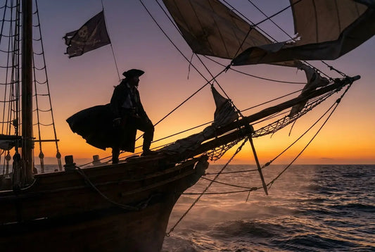 Capitaine pirate à l'aube se tenant debout face à la mer sur son navire en contrejour, sensation de liberté.