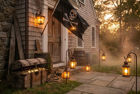 Maison décorée sur le thème pirate pour Halloween avec un pavillon pirate au vent, un coffre semi-ouvert rempli de pièces d'or et des lanternes disposées à l'entrée de la maison.