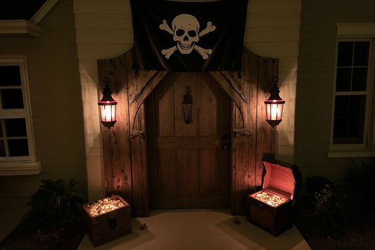 Entrée de maison décorée pour Halloween avec drapeau pirate tête de mort, lanternes rouges et coffres remplis de trésors lumineux.