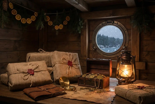 Cabine d'un capitaine pirate décoré pour fêter Noël avec des cadeaux sur le bureau, éclairés par une lanterne et des guirlandes de tranches d'oranges.