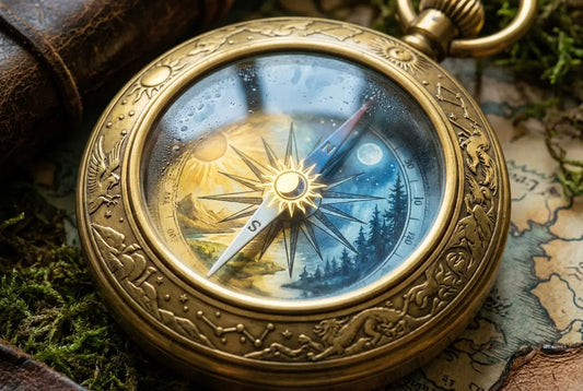 Grand plan sur la boussole symbolique de Veille d'Orée, avec une partie soleil et une partie nuit.