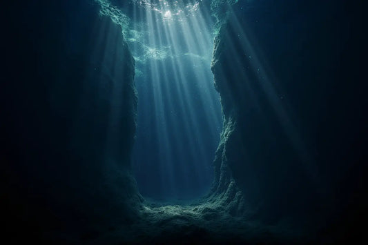 Photographie réaliste d'un gigantesque gouffre dans les profondeurs marines des Abysses, ambiance mythique.