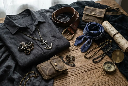 Les dix accessoires indispensables pour un pirate moderne avec une chemise noire, un bandana, une ceinture en cuir, et divers petits objets et bijoux faisant référence aux pirates.