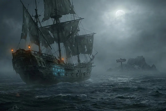 Navire du Reaper's Call hanté, naviguant dans la nuit noire, brouillard et ambiance chaotique. 