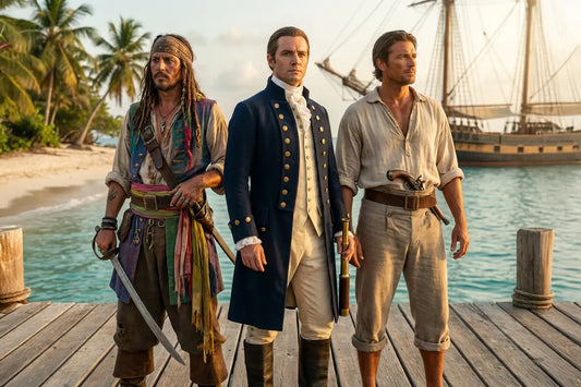 Un pirate, un corsaire et un flibustier debout sur un ponton en bois avec un navire en arrière-plan.