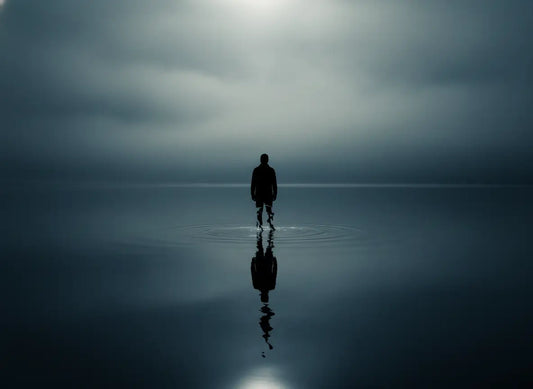 Silhouette noire d'un capitaine qui a fait un pacte d'une malédiction, dont le reflet se décompose sur l'eau.