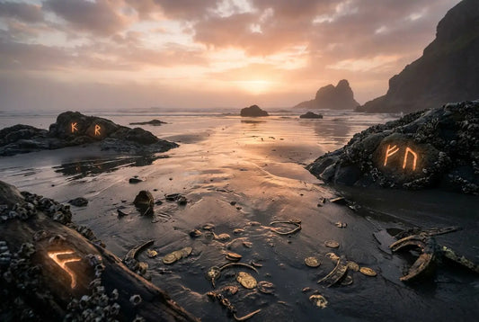 Rivage à marée basse révélant l'or oublié avec des messages symboliques inconnus sur les roches. 