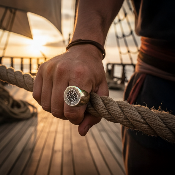 Bague boussole pirate argentée en acier inoxydable, portée à la main sur un navire au coucher du soleil, évoquant l’aventure maritime et l’élégance corsaire.