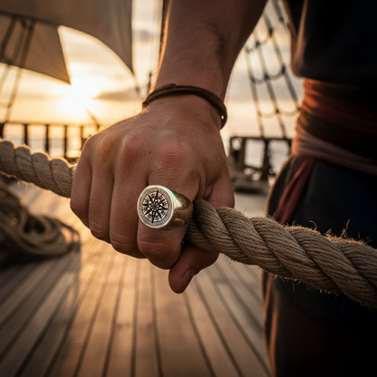 Bague boussole pirate argentée en acier inoxydable, portée à la main sur un navire au coucher du soleil, évoquant l’aventure maritime et l’élégance corsaire.