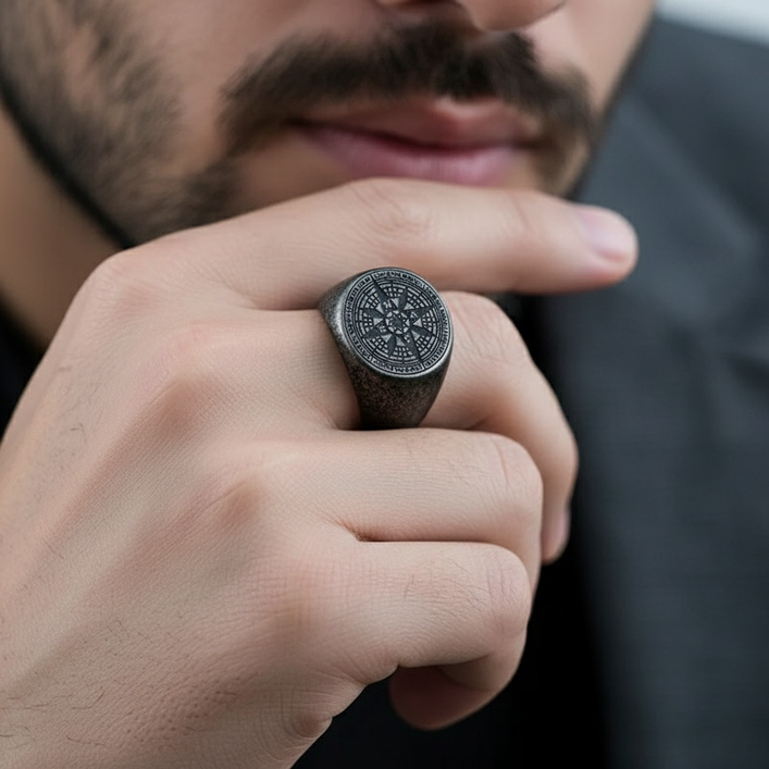 Bague boussole pirate noire en acier inoxydable portée à la main d’un homme barbu, bijou corsaire élégant symbolisant l’aventure et la direction maritime.