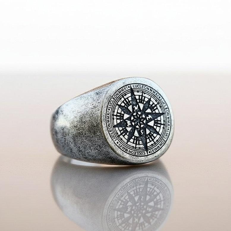 Bague boussole pirate en acier inoxydable, bijou corsaire au design gravé de rose des vents sur fond clair, symbole d’aventure et d’élégance maritime.