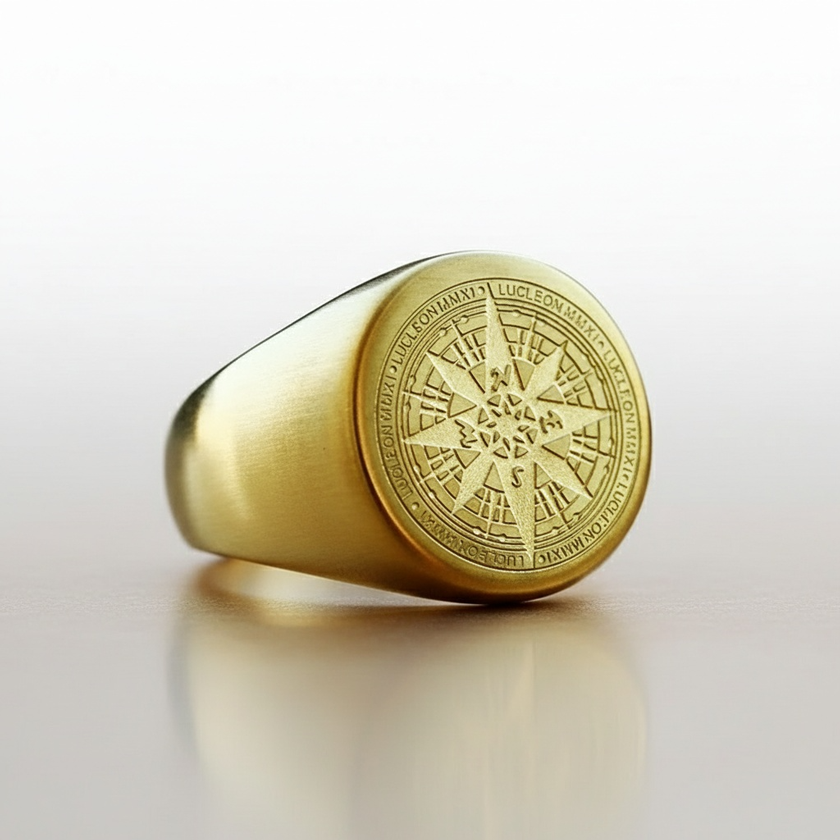 Bague boussole pirate dorée en acier inoxydable, bijou corsaire gravé d’une rose des vents, reflet élégant sur fond clair évoquant l’aventure et l’élégance maritime.