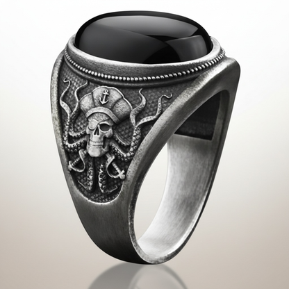 Bague Pirate Pierre Noire & Pieuvre
