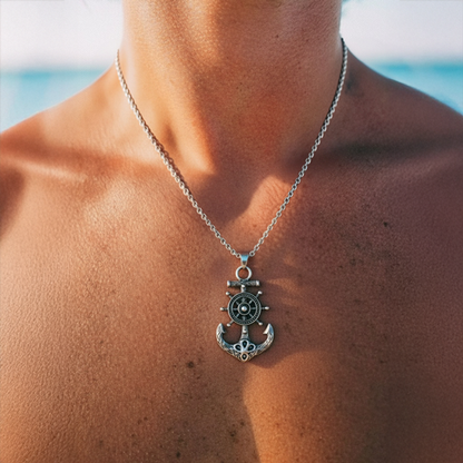 Collier Pirate – Pendentif Gouvernail Rotatif & Ancre Marine