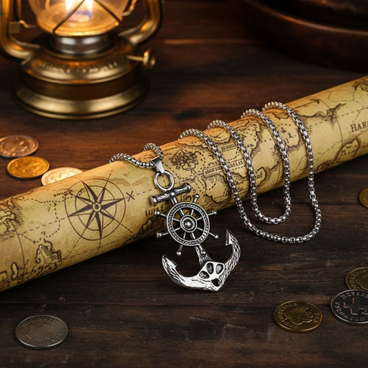 Collier Pirate – Pendentif Gouvernail Rotatif & Ancre Marine
