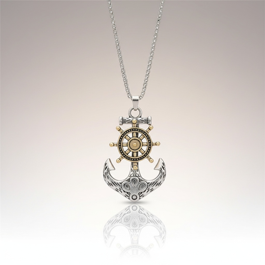 Collier Pirate – Pendentif Gouvernail Rotatif & Ancre Marine