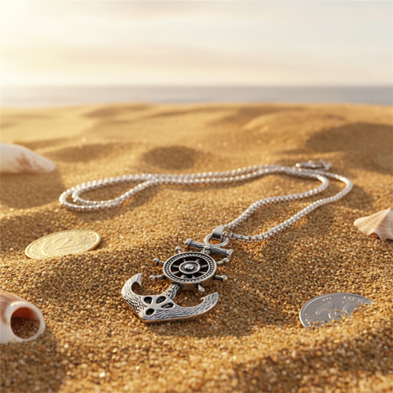Collier Pirate – Pendentif Gouvernail Rotatif & Ancre Marine