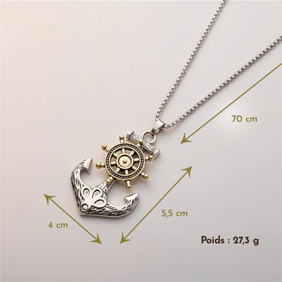 Collier Pirate – Pendentif Gouvernail Rotatif & Ancre Marine