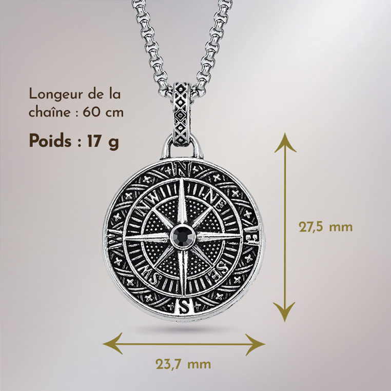 Collier Boussole – Pendentif Rose des Vents en Acier Vintage