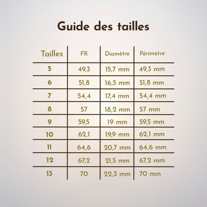 Guide des tailles pour bagues — tableau de correspondance entre tailles françaises, diamètres et périmètres en millimètres.
