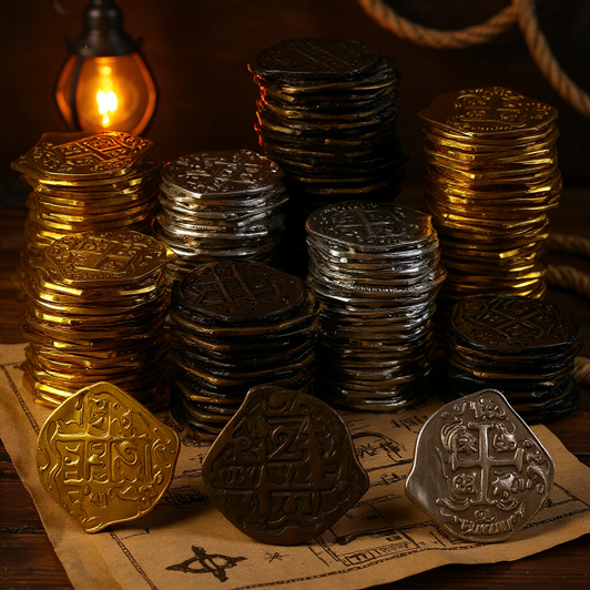 Lot de 30 à 120 Pièces de Monnaie Pirate – Or, Argent & Bronze