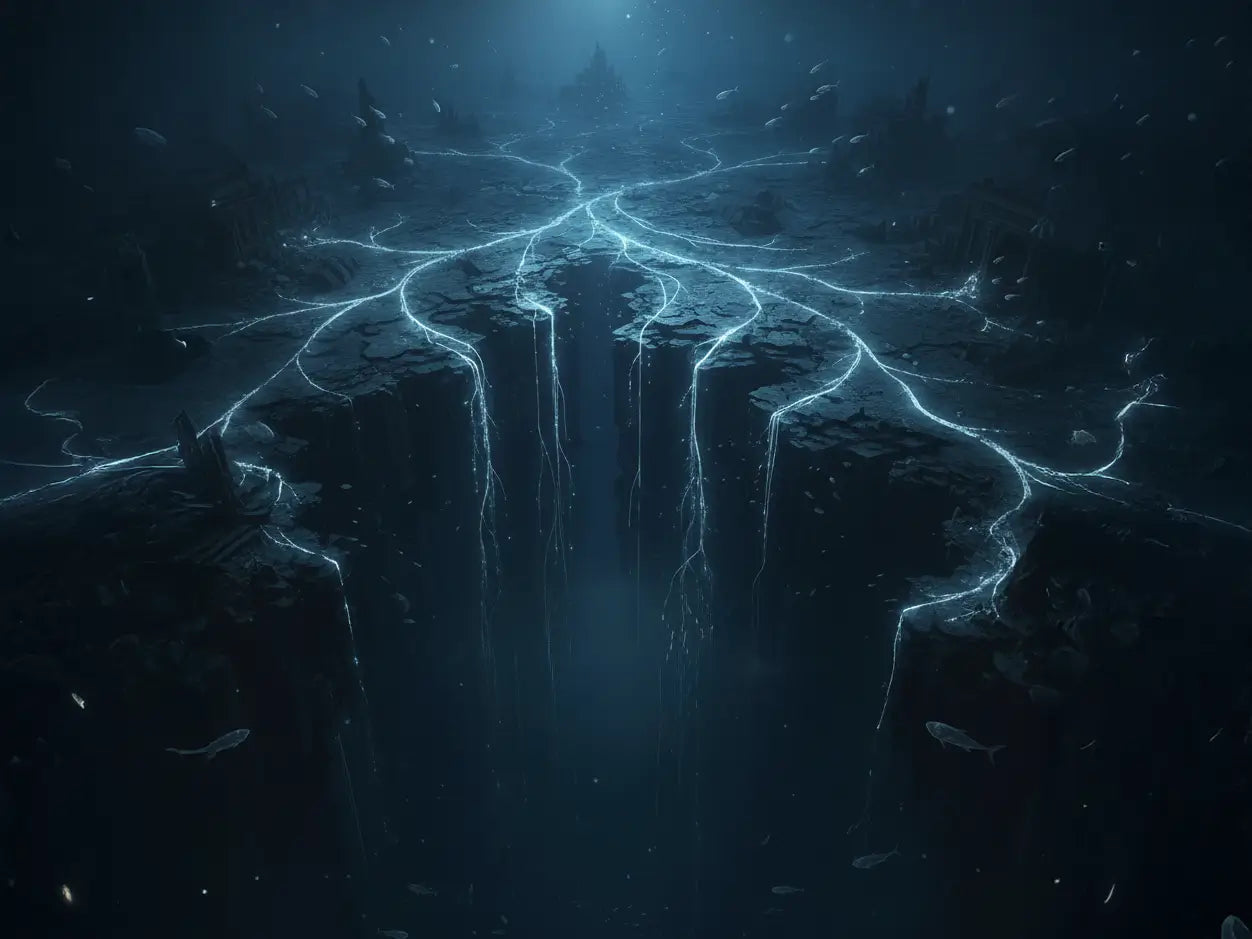 Les routes interdites symbolisées par des chemins bioluminescents dans les profondeurs marines plongeant dans un gouffre sans fin.