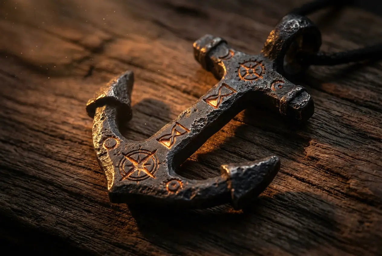Pendentif de l'Ancre d'âme, en métal forgé du Voyageur-Courbe, gravé par des symboles anciens.