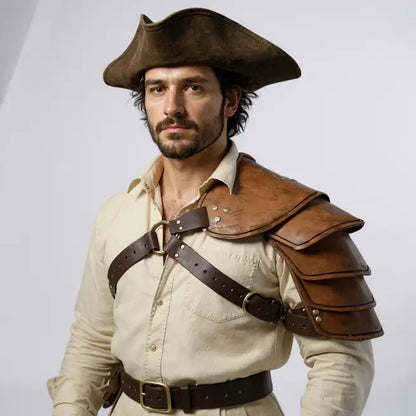 Armure d’épaule pirate en simili cuir marron, accessoire pirate réaliste pour cosplay ou reconstitution historique.