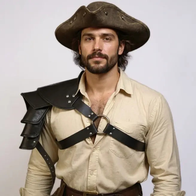 Homme portant une armure d’épaule en simili cuir noir, accessoire de costume pirate inspiré de l’époque médiévale.