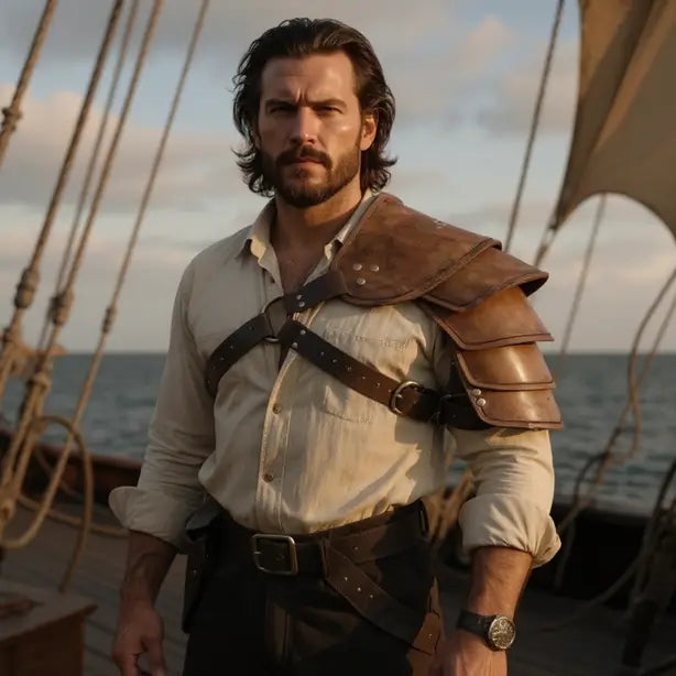 Costume pirate avec armure en cuir marron, photo immersive sur un bateau au coucher du soleil.