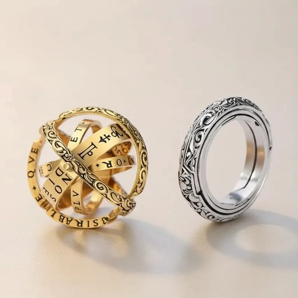 Bague astrale dorée déployée et bague astrale argent fixe en forme bague sur fond neutre.