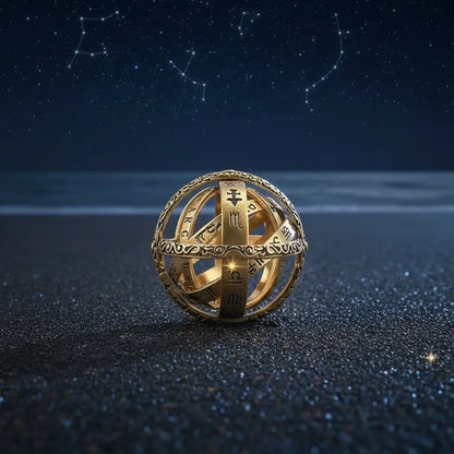 Bague astrale dorée rotative posée sous un ciel étoilé, inspirée des constellations.
