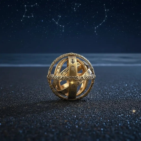 Bague astrale dorée rotative posée sous un ciel étoilé, inspirée des constellations.