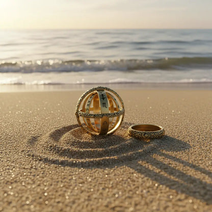 Bague astrale dorée posée sur le sable face à l’océan, symbole de voyage et de destinée.