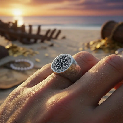 Bague boussole argentée portée sur la plage, reflet doré et décor de navire échoué.