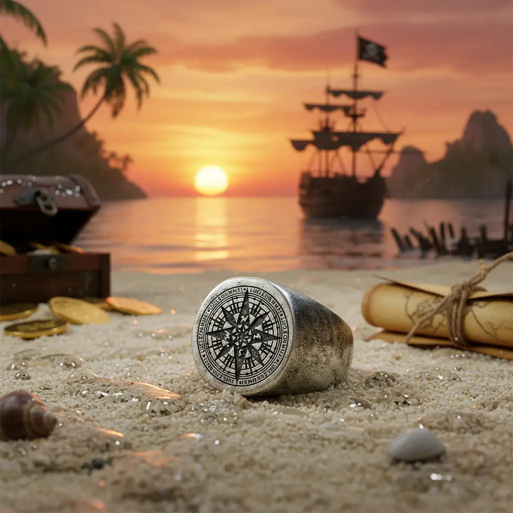 Bague boussole du navigateur en argent posée sur le sable au coucher du soleil, ambiance marine poétique.