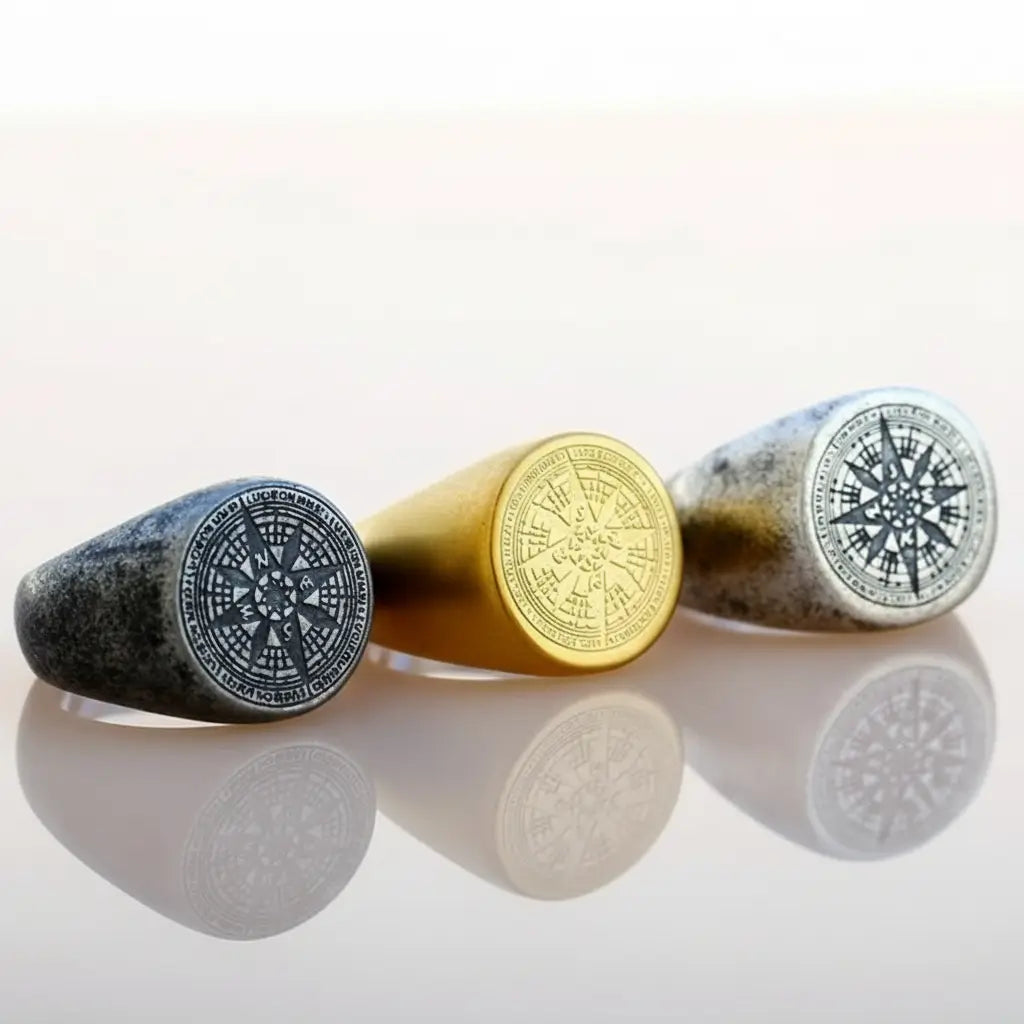 Trio de bagues boussole or, argent et noire sur fond clair, composition produit minimaliste.