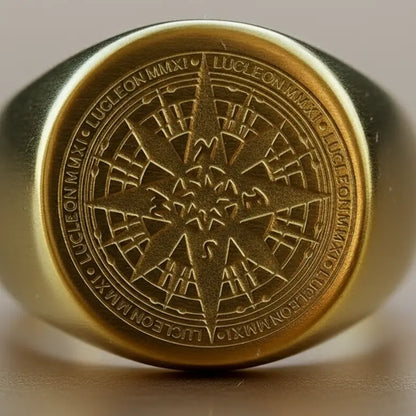 Gros plan sur la bague boussole dorée, détails nets de la gravure et texture polie.