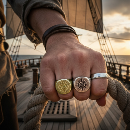 Deux bagues boussole pirate dorée et argentée portée sur une main d'homme tenant une corde sur un navire.
