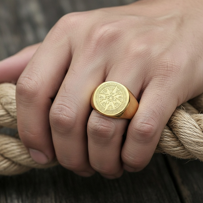 Bague boussole pirate dorée portée à la main tenant un cordage, symbolisant l’aventure et la force intérieure.