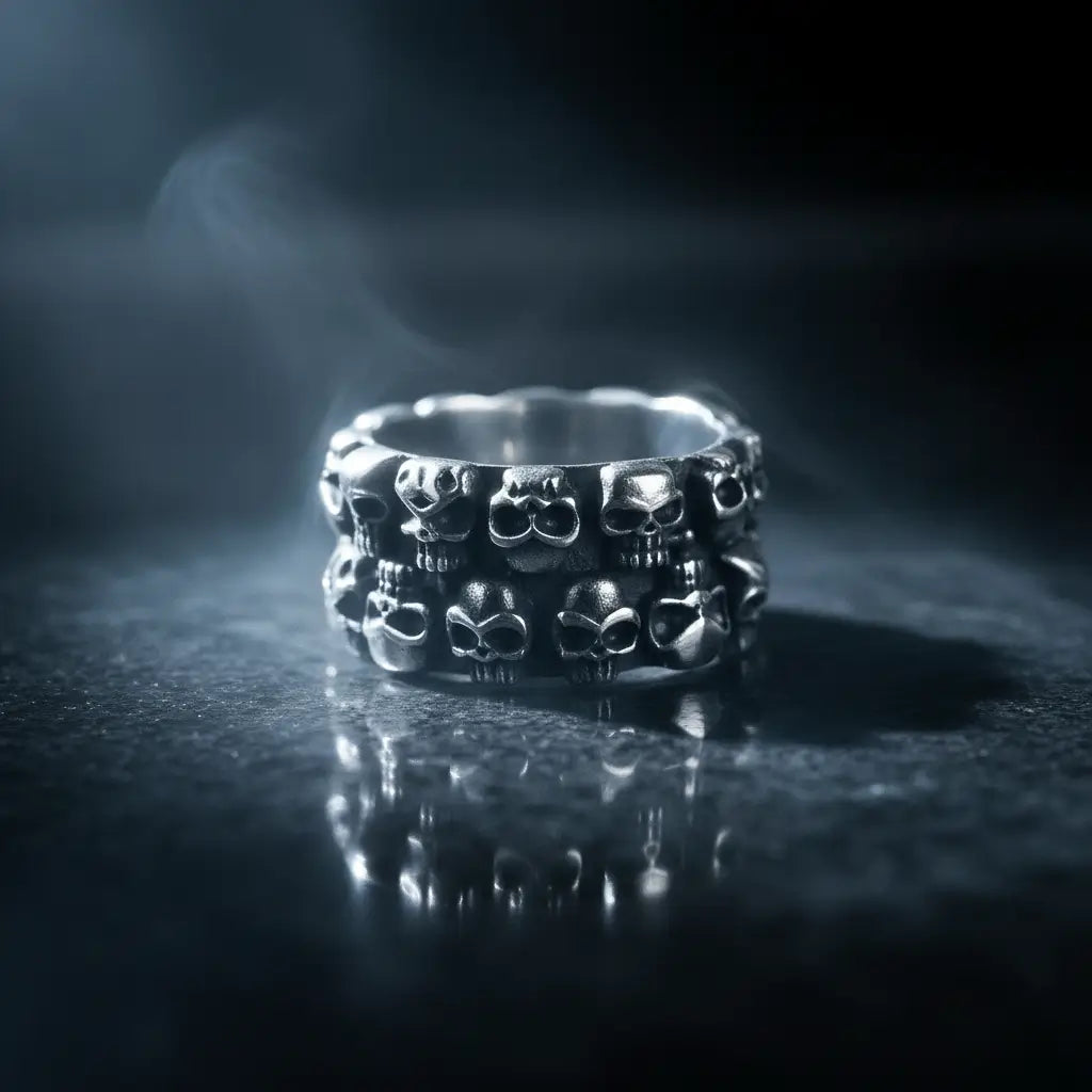 Bague des Crânes Liés posée dans une ambiance sombre et brumeuse de la gamme Ténèbres.