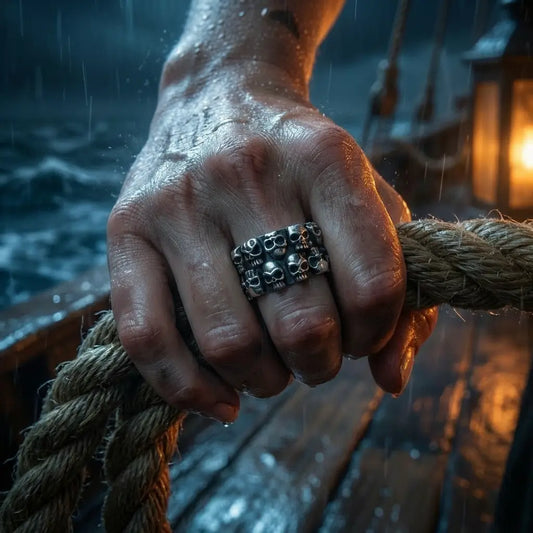 Bague des Crânes Liés portée à la main par un homme dans un univers pirate sombre.